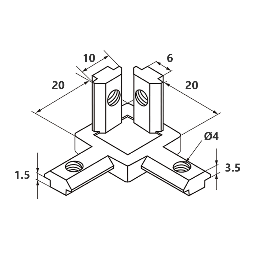 Conector de esquina de 3 vías para perfil de aluminio